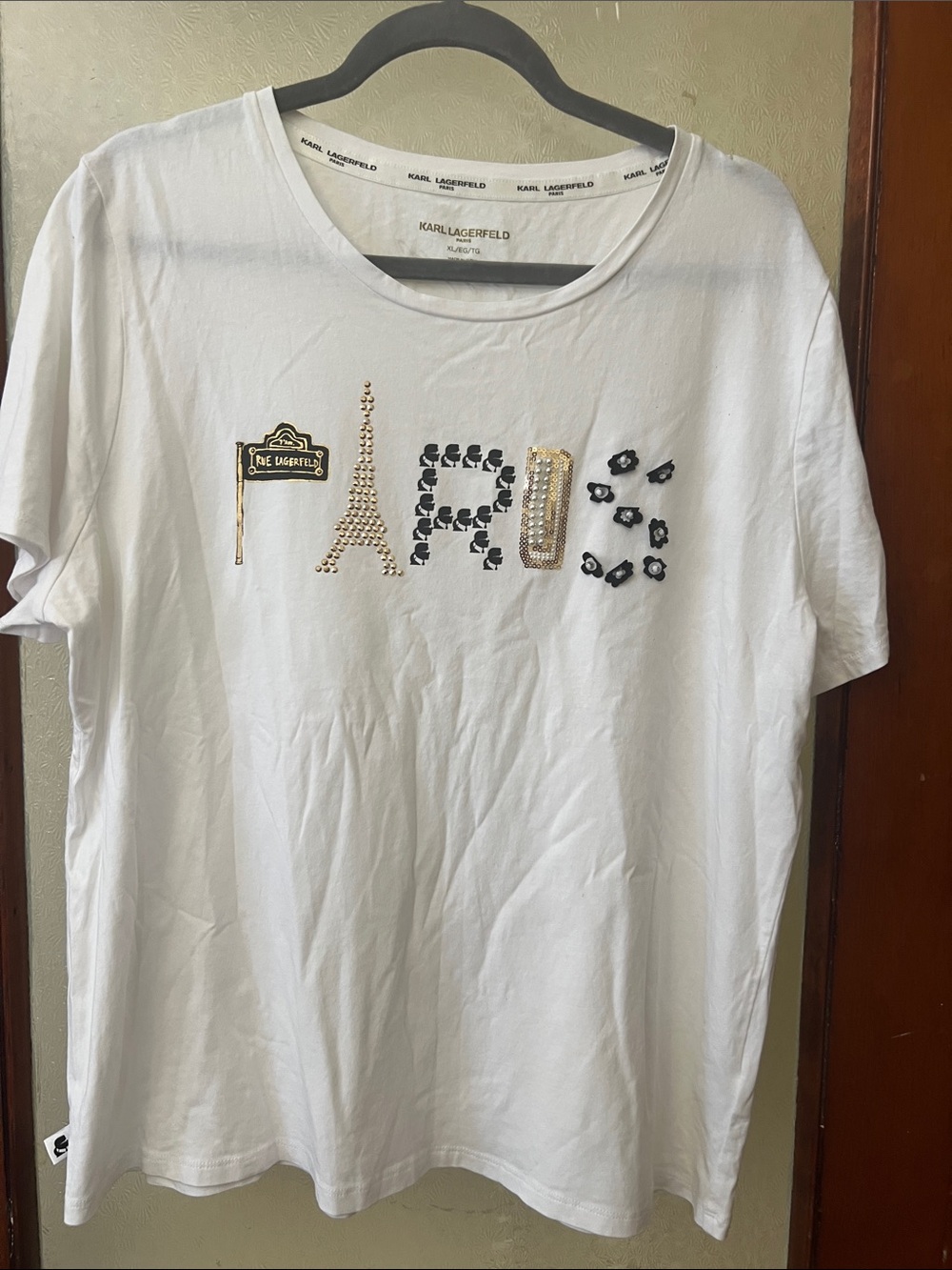 Karl Lagerfeld White Tee with Gold and Black Embellished PARIS Motif